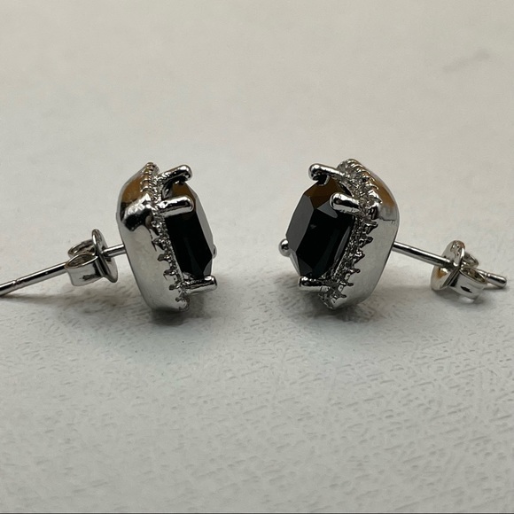 925 Sterling Silver Cushion Cut Black Onyx Diamond Halo Elegant Stud Earrings - Picture 7 of 15